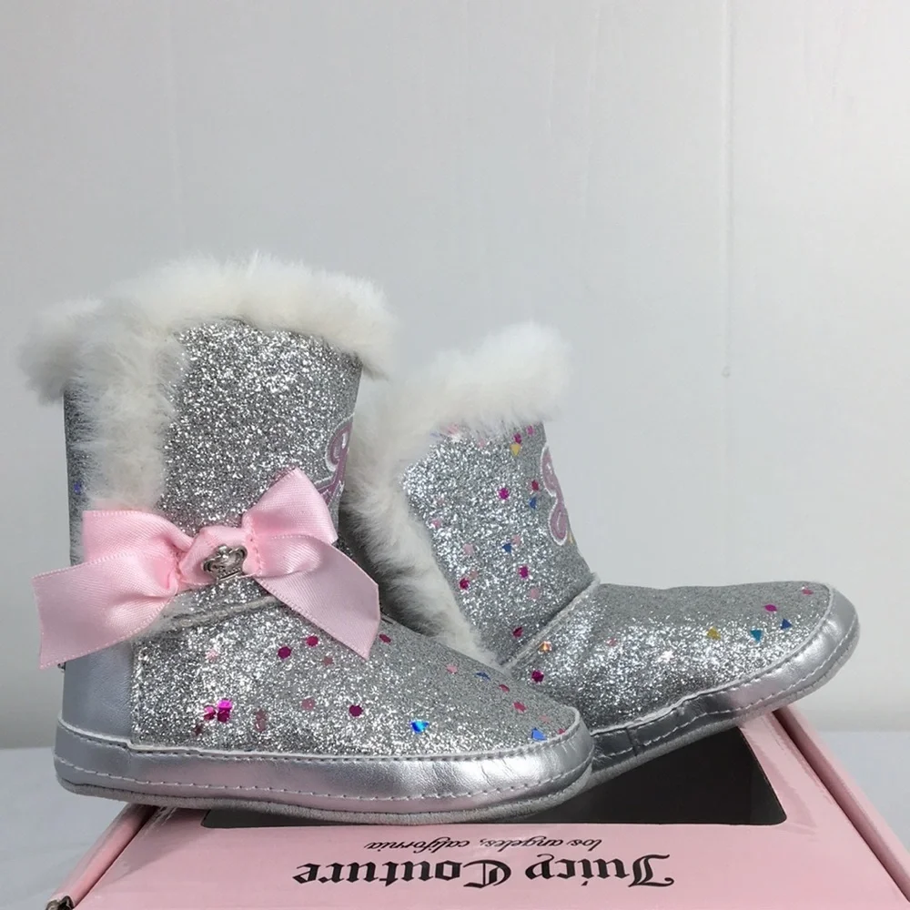 Juicy Couture Silver Glitter Sparkle Cerritos Boot Faux Fur Size 3m NEW In Box